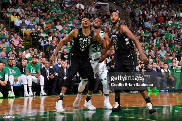 Giannis Antetokounmpo of the Milwaukee Bucks Semi Ojeleye of the Boston Celtics and Khris Middleton of the Milwaukee Bucks box out during Game Five...