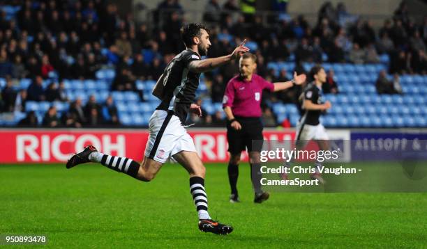 Lincoln City's Ollie Palmer scores his sides third goal during the Sky Bet League Two match between Coventry City and Lincoln City at Ricoh Arena on...