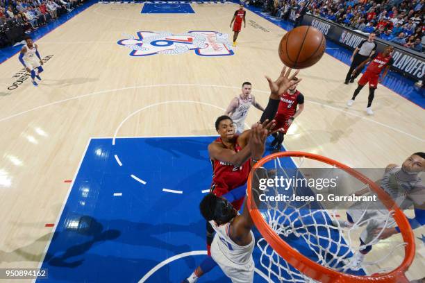 Hassan Whiteside of the Miami Heat shoots the ball against the Philadelphia 76ers in Game Five of Round One of the 2018 NBA Playoffs on April 24,...