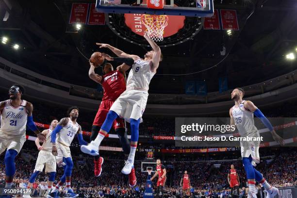 Hassan Whiteside of the Miami Heat goes to the basket against the Philadelphia 76ers in Game Five of Round One of the 2018 NBA Playoffs on April 24,...