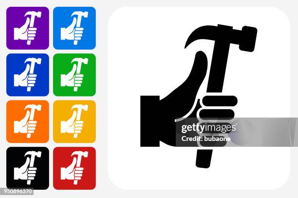 holding hammer icon square button set - blacksmith stock illustrations