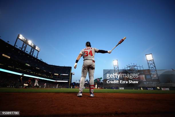 Bryce Harper of the Washington Nationals gets ready to bat against the San Francisco Giants at AT&T Park on April 23, 2018 in San Francisco,...