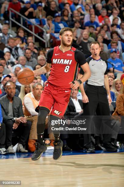 Tyler Johnson of the Miami Heat handles the ball against the Philadelphia 76ers in Game Five of Round One of the 2018 NBA Playoffs on April 24, 2018...