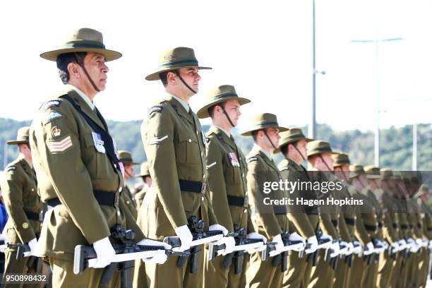 Soldiers stand guard during the Anzac Day National Commemoration Service at Pukeahu National War Memorial Park on April 25, 2018 in Wellington, New...