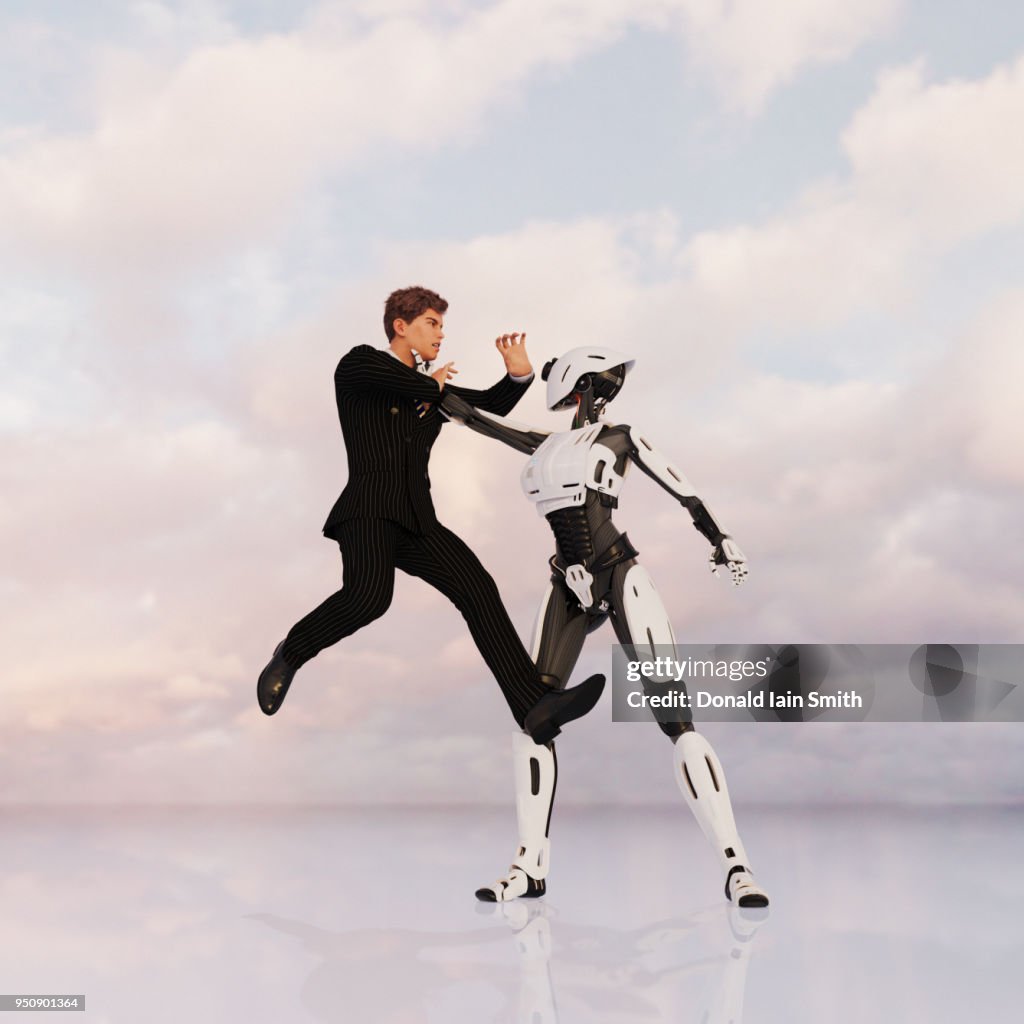 Female android battles with human business man in suit