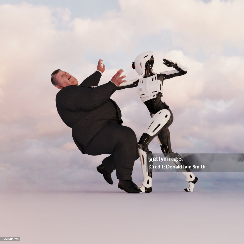 Female android battles with human business man in suit