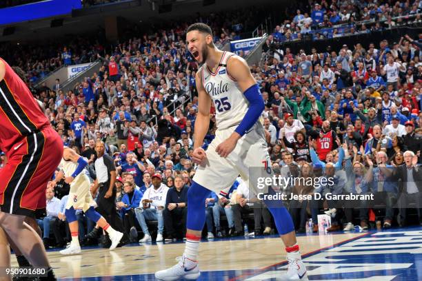 Ben Simmons of the Philadelphia 76ers reacts during the game against the Miami Heat in Game Five of Round One of the 2018 NBA Playoffs on April 24,...