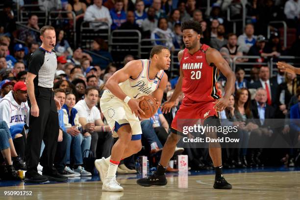 Justin Anderson of the Philadelphia 76ers handles the ball against the Miami Heat in Game Five of Round One of the 2018 NBA Playoffs on April 24,...
