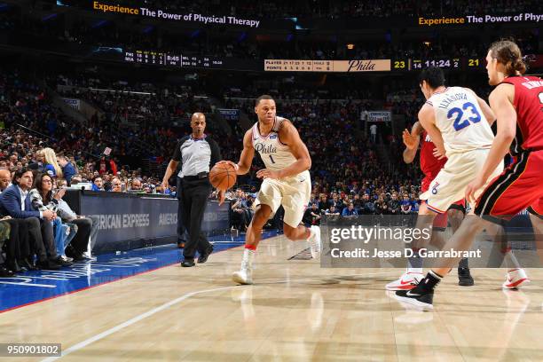 Justin Anderson of the Philadelphia 76ers handles the ball against the Miami Heat in Game Five of Round One of the 2018 NBA Playoffs on April 24,...