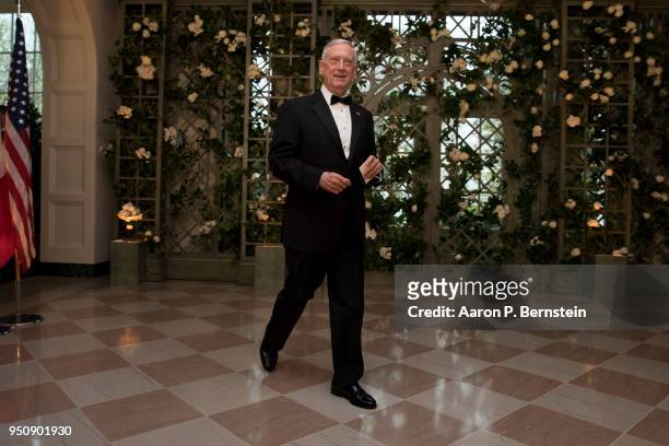 Secretary of State Jim Mattis arrives at the White House for a state dinner April 24, 2018 in Washington, DC . President Donald Trump is hosting...