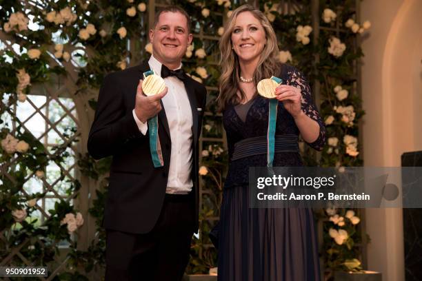 Olympians John Shuster and Meghan Duggan arrive at the White House for a state dinner April 24, 2018 in Washington, DC . President Donald Trump is...