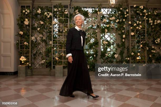 International Monetary Fund Managing Director Christine Lagarde arrives at the White House for a state dinner April 24, 2018 in Washington, DC ....