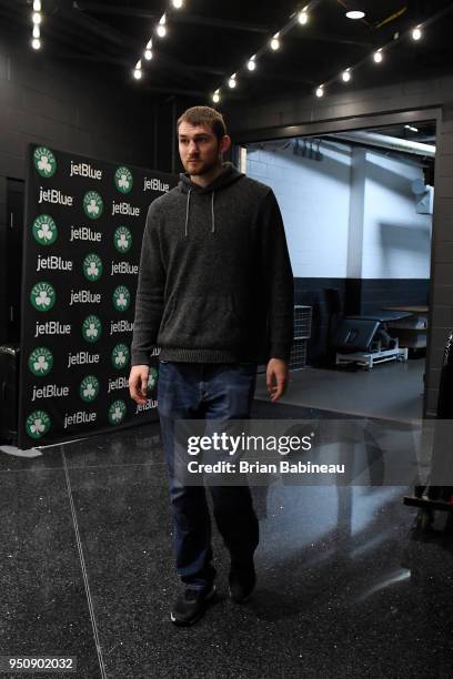 Tyler Zeller of the Milwaukee Bucks arrives to the arena prior to Game Five of Round One of the 2018 NBA Playoffs against the Boston Celtics on April...