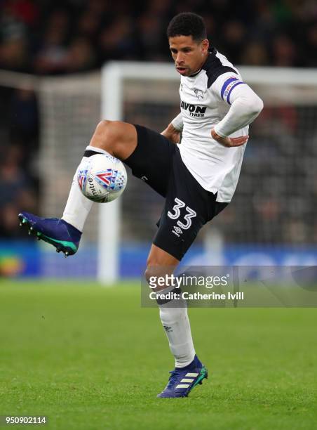 Curtis Davies of Derby County during the Sky Bet Championship match between Derby County and Cardiff City at iPro Stadium on April 24, 2018 in Derby,...