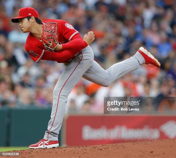 Shohei Ohtani of the Los Angeles Angels of Anaheim pitches in the second inning against the Houston Astros at Minute Maid Park on April 24, 2018 in...