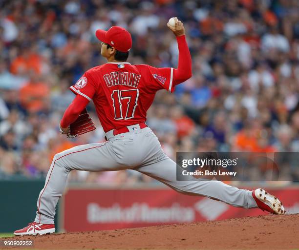 Shohei Ohtani of the Los Angeles Angels of Anaheim pitches in the second inning against the Houston Astros at Minute Maid Park on April 24, 2018 in...