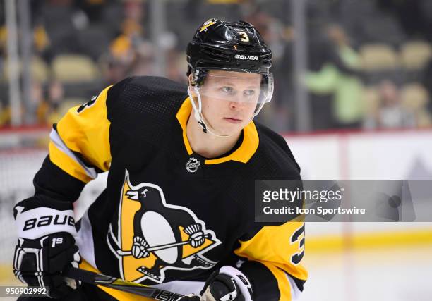 Pittsburgh Penguins defenseman Olli Maatta warms up before Game Five of the Eastern Conference First Round in the 2018 NHL Stanley Cup Playoffs...