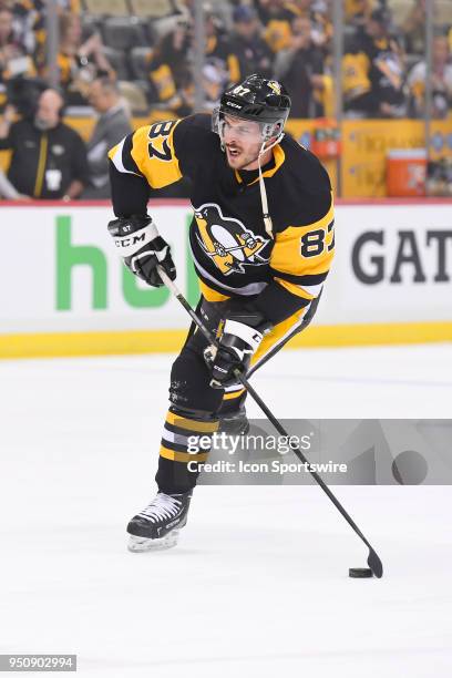 Pittsburgh Penguins center Sidney Crosby warms up before Game Five of the Eastern Conference First Round in the 2018 NHL Stanley Cup Playoffs between...