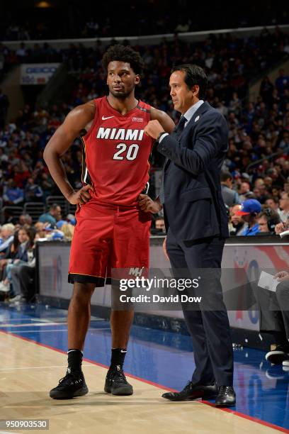 Justise Winslow talks to Erik Spoelstra of the Miami Heat during the game against the Philadelphia 76ers in Game Five of Round One of the 2018 NBA...