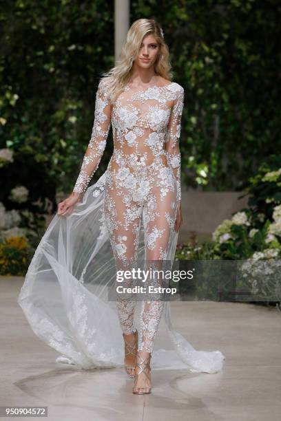 Devon Windsor walks the runway during the Pronovias show as part of the Barcelona Bridal Week 2018 on April 23, 2018 in Barcelona, Spain.