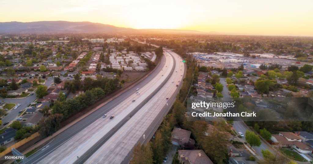 Aerial Of freeway in Silicon Valley at sunset. Sunnyvale, USA