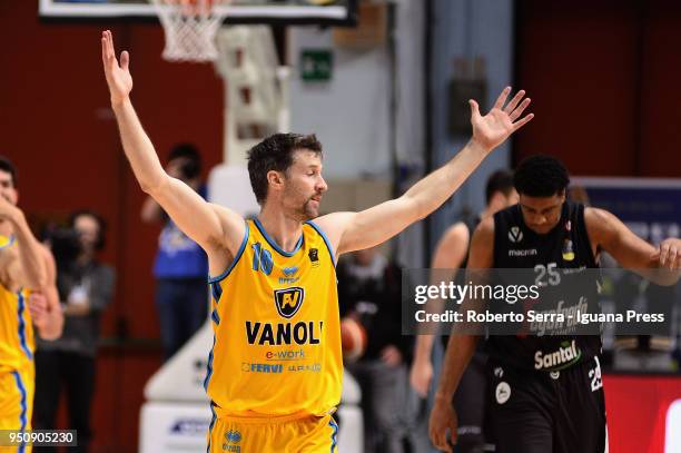 Drake Diener of Vanoli celebrates during the LBA LegaBasket of Serie A match between Vanoli Cremona and Virtus Segafredo Bologna at PalaRadi on March...