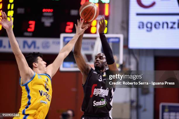 Michael Umeh of Segafredo competes with Simone Fontecchio of Vanoli during the LBA LegaBasket of Serie A match between Vanoli Cremona and Virtus...