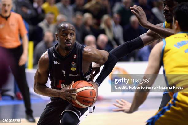 Michael Umeh of Segafredo in action during the LBA LegaBasket of Serie A match between Vanoli Cremona and Virtus Segafredo Bologna at PalaRadi on...