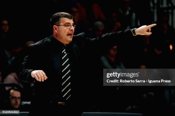 Alessandro Ramagli head coach of Segafredo talks over during the LBA LegaBasket of Serie A match between Vanoli Cremona and Virtus Segafredo Bologna...