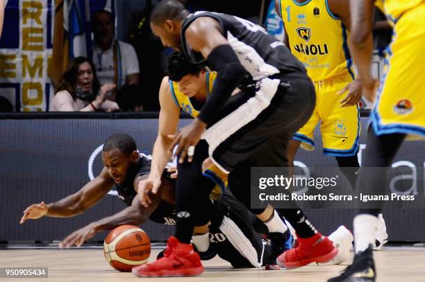 Simone Fontecchio of Vanoli competes with Oliver Lafayette and Marcus Slaughter of Segafredo during the LBA LegaBasket of Serie A match between...