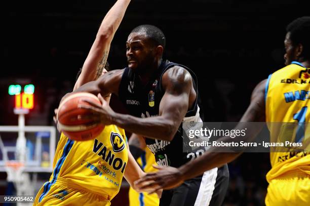 Oliver Lafayette of Segafredo competes with Michele Ruzzier and Kelvin Martin of Vanoli during the LBA LegaBasket of Serie A match between Vanoli...