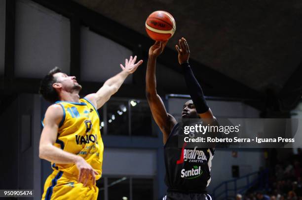 Michael Umeh of Segafredo competes with Drake Diener of Vanoli during the LBA LegaBasket of Serie A match between Vanoli Cremona and Virtus Segafredo...