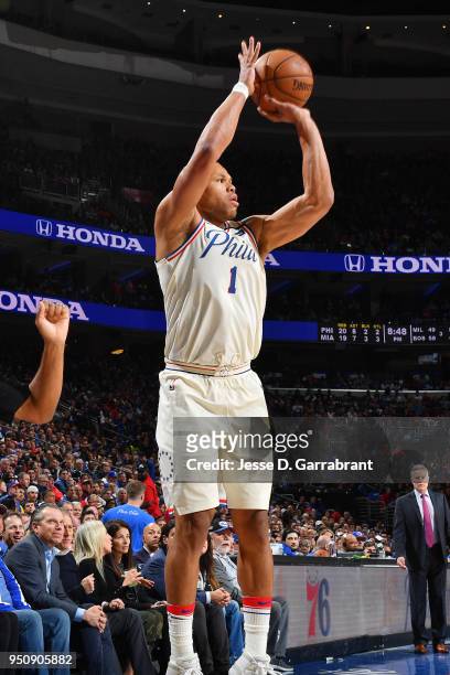 Justin Anderson of the Philadelphia 76ers shoots the ball against the Miami Heat in Game Five of Round One of the 2018 NBA Playoffs on April 24, 2018...