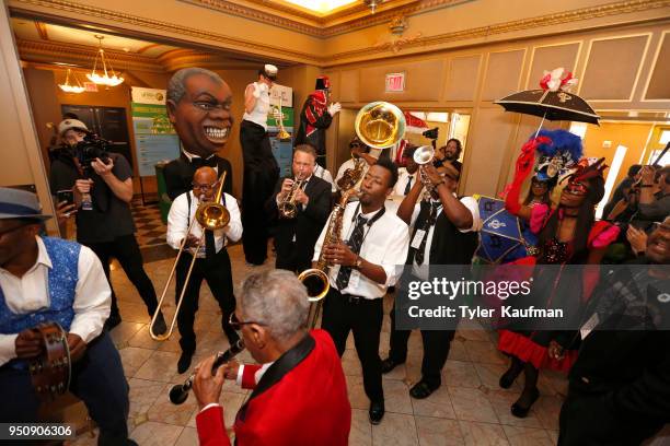 The Preservation Hall Brass Band second lines in to the International Jazz Day Concert, New Orleans Tricentennial at the Orpheum Theater on April 22,...