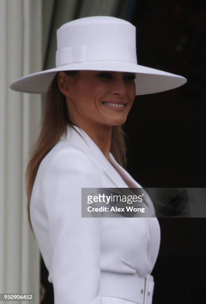 First lady Melania Trump participates in a state arrival ceremony at the White House April 24, 2018 in Washington, DC. Trump is hosting French...