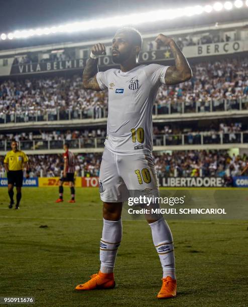 Brazil's Santos Gabriel celebrates after scoring against Argentina's Estudiantes de La Plata,during their 2018 Copa Libertadores football match, held...