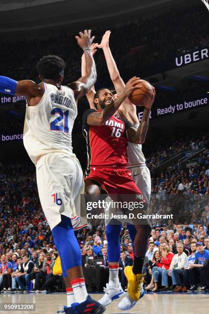 James Johnson of the Miami Heat goes to the basket against the Philadelphia 76ers in Game Five of Round One of the 2018 NBA Playoffs on April 24,...