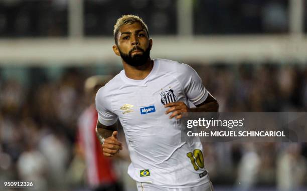 Brazil's Santos Gabriel celebrates after scoring against Argentina's Estudiantes de La Plata,during their 2018 Copa Libertadores football match, held...