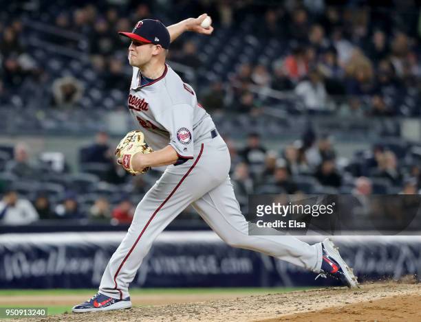 Tyler Duffey of the Minnesota Twins delivers a pitch in the seventh inning against the New York Yankees at Yankee Stadium on April 24, 2018 in the...