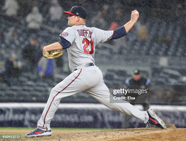 Tyler Duffey of the Minnesota Twins delivers a pitch in the seventh inning against the New York Yankees at Yankee Stadium on April 24, 2018 in the...