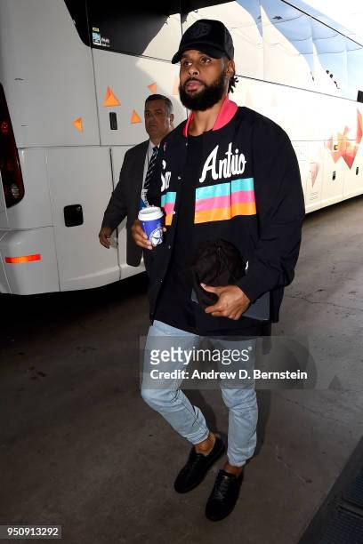 Patty Mills of the San Antonio Spurs arrives at the arena before the game against the Golden State Warriors in Game Five of Round One of the 2018 NBA...
