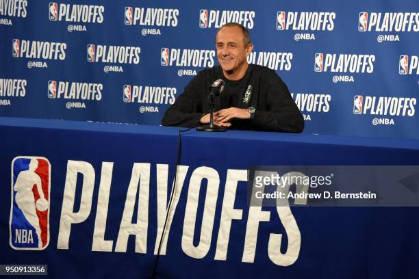 Ettore Messina interim head coach of the San Antonio Spurs talks to the media before the game against the Golden State Warriors in Game Five of Round...