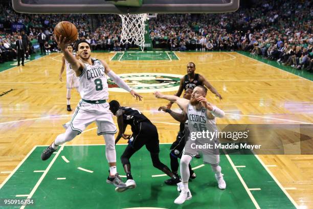Shane Larkin of the Boston Celtics takes a shot against the Milwaukee Bucks during Game Five in Round One of the 2018 NBA Playoffs at TD Garden on...