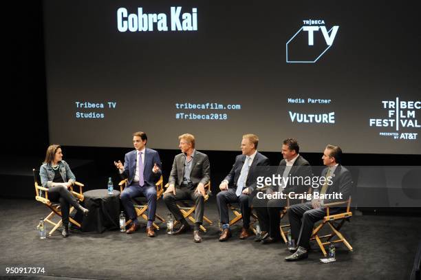 Breanne Heldman of Entertainment Weekly moderates a panel discussion between actors Ralph Macchio and Billy Zabka and filmmakers Josh Heald, Hayden...