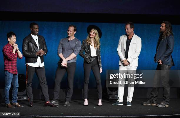 Director James Wan, actors Yahya Abdul-Mateen II, Patrick Wilson, Amber Heard, Will Arnett and Jason Momoa speak onstage during CinemaCon 2018 Warner...