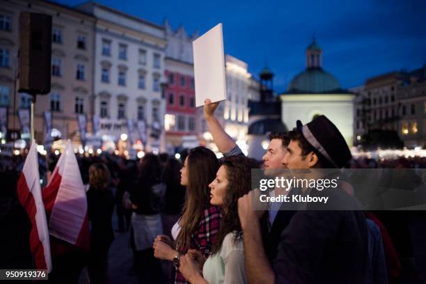 young people protesting - european manifest demonstration in krakow stock pictures, royalty-free photos & images