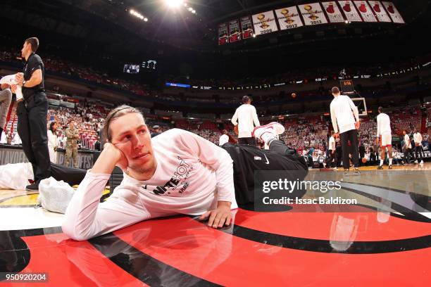 Kelly Olynyk of the Miami Heat seen before the game against the Philadelphia 76ers in Game Four of the Eastern Conference Quarterfinals during the...