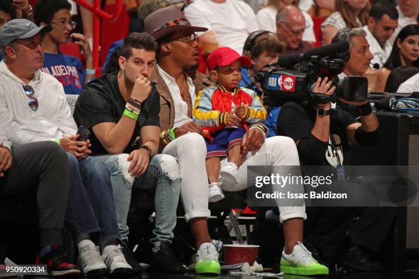 Cam Newton of the Carolina Panthers seen at the game between the Philadelphia 76ers and the Miami Heat in Game Four of the Eastern Conference...