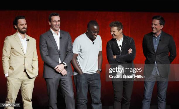 Actors Jake Johnson, Jon Hamm, Hannibal Buress, Jeremy Renner and Ed Helms speak onstage during CinemaCon 2018 Warner Bros. Pictures Invites You to...