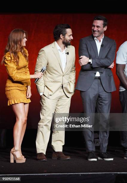 Actors Isla Fisher, Jake Johnson and Jon Hamm speak onstage during CinemaCon 2018 Warner Bros. Pictures Invites You to "The Big Picture," an...